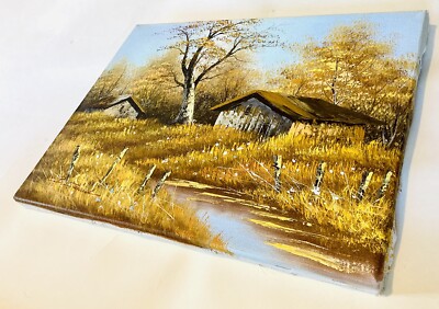 Vintage 50s SIGNED Oil Painting STEWARD Barn Tree Landscape AUTUMN