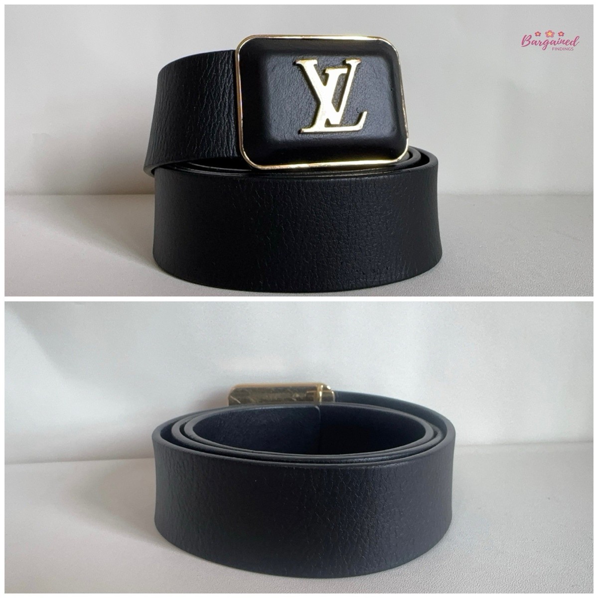 Authentic Louis Vuitton Black Leather Gold LV Logo Square Buckle