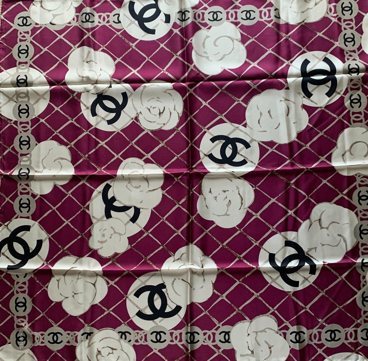 CHANEL Logo CC Camellia Burgundy Silk Square Neckerchief Scarf | eBay
