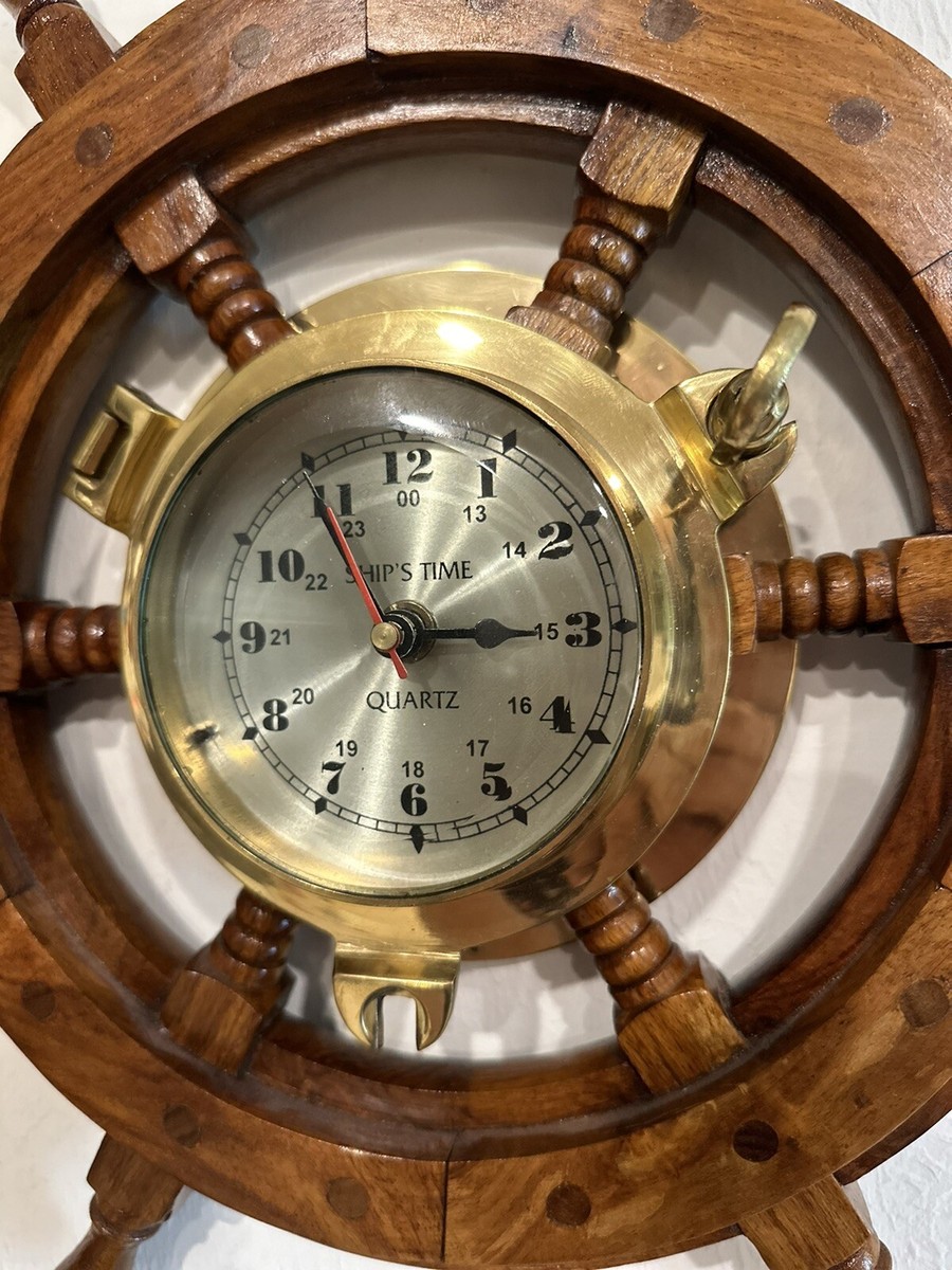 SHIPS TIME QUARTZ WOOD & BRASS SHIPS WHEEL CLOCK BEVELED GLASS 15