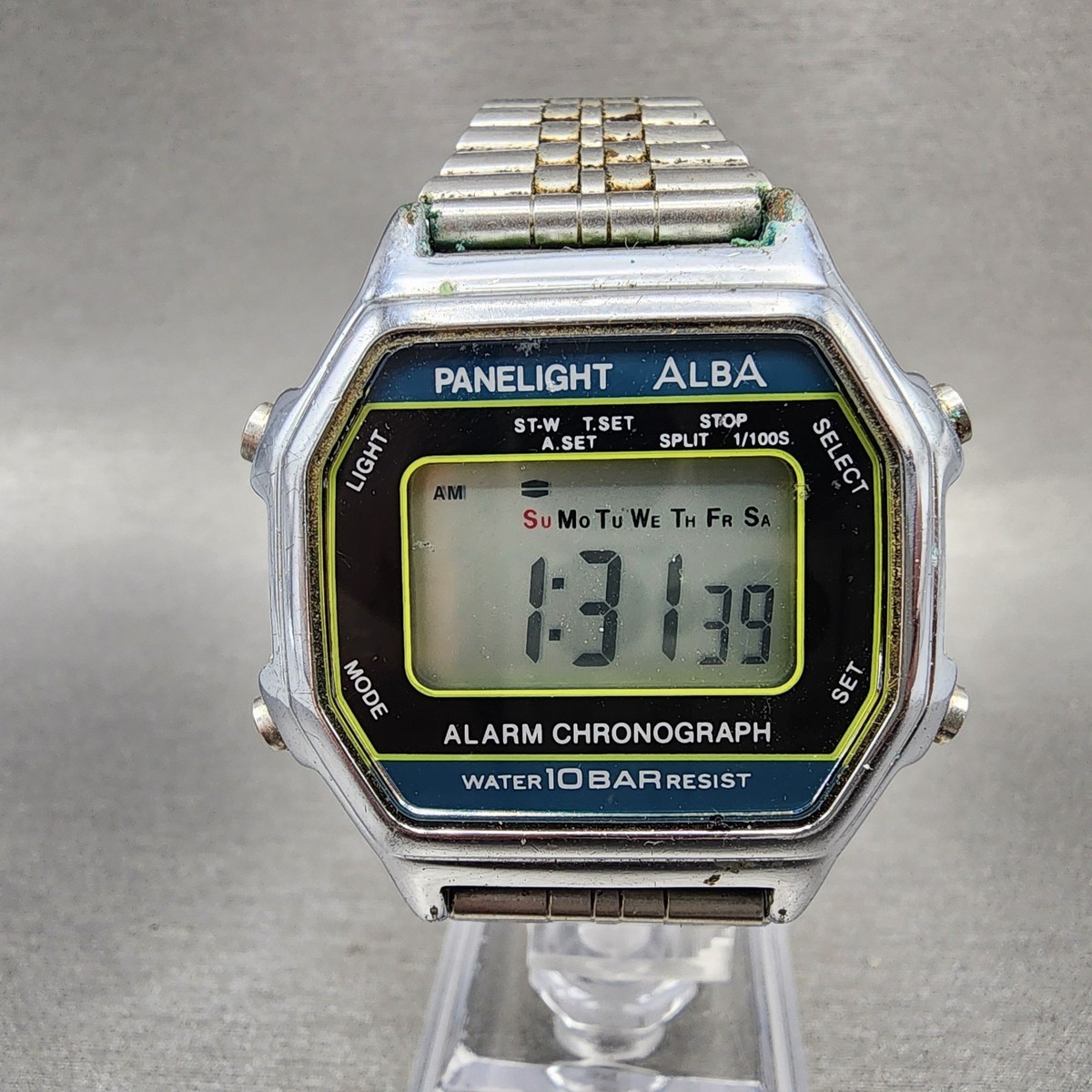 Seiko ALBA Digital Watch Men 37mm LCD Silver Tone Alarm