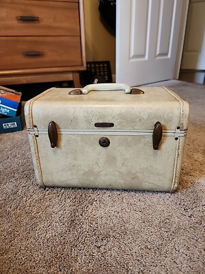 Vintage 1950's Samsonite Makeup Train Case Suitcase Marbled Ivory