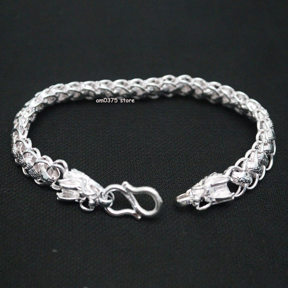 Pure 999 Fine Silver Bracelet Women Men 9mm Dragon Head Curb Link