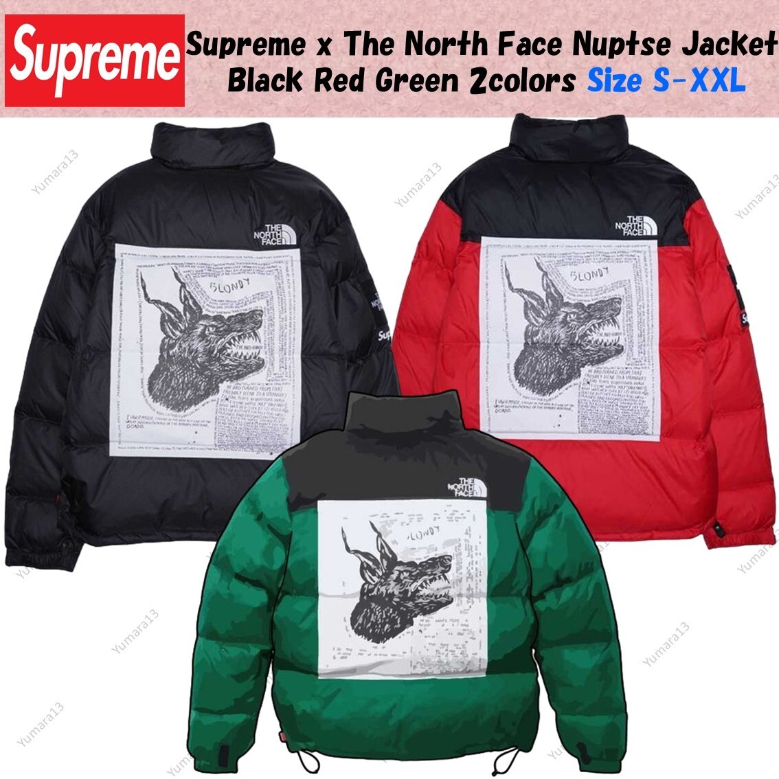 Supreme x The North Face Nuptse Jacket Black Red Green 2colors
