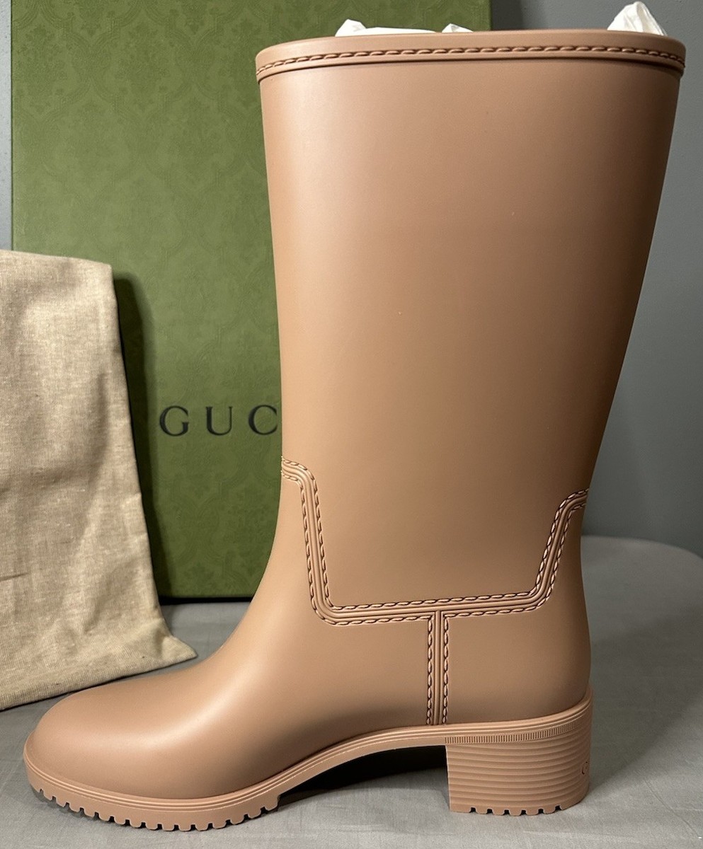 Gucci Double G Rubber Rain Boots Camel Women's Sz 39 (US 9