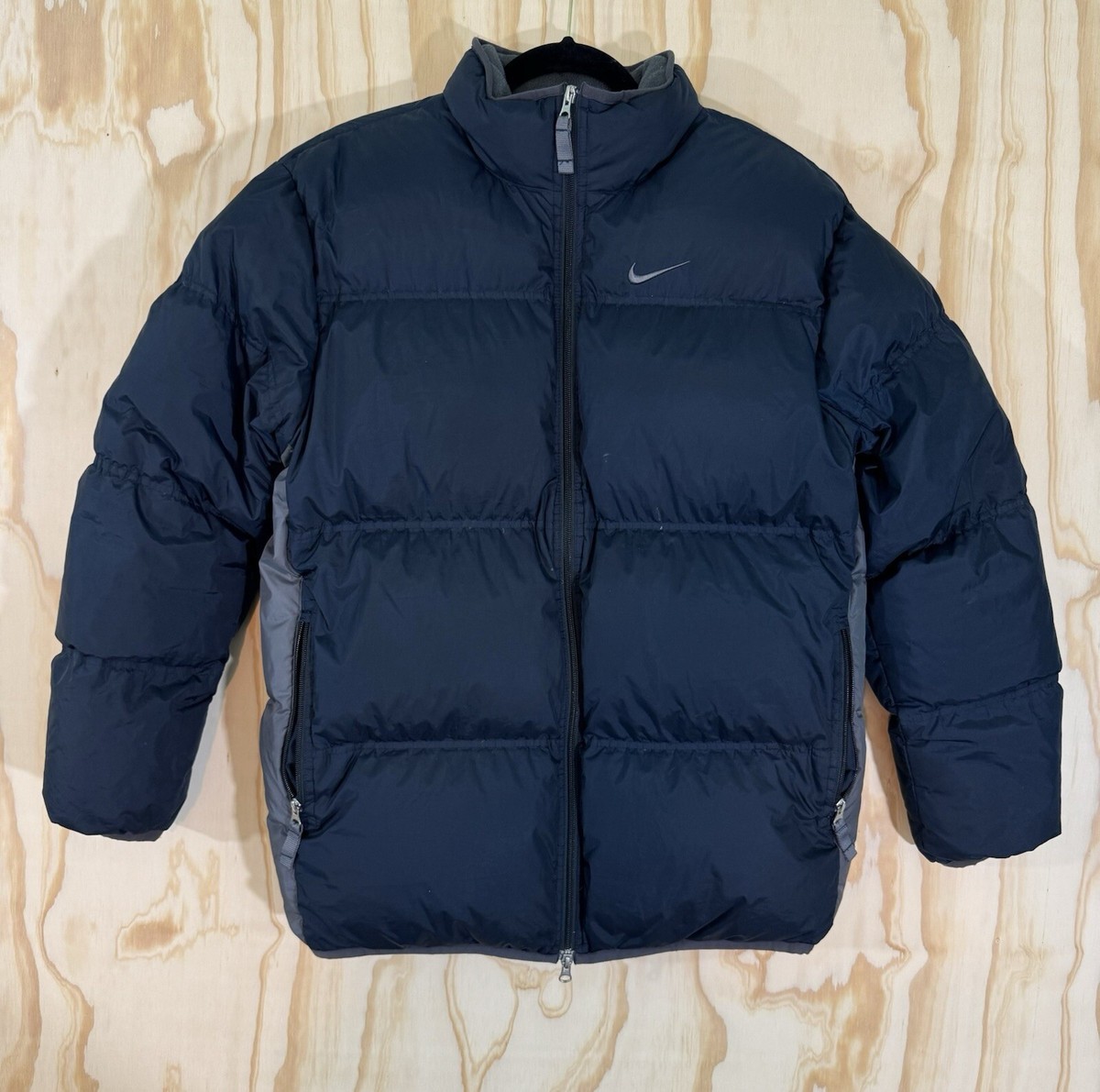 Vtg Nike Puffer Jacket Down Zip Up Y2K Navy Blue Swoosh Mens