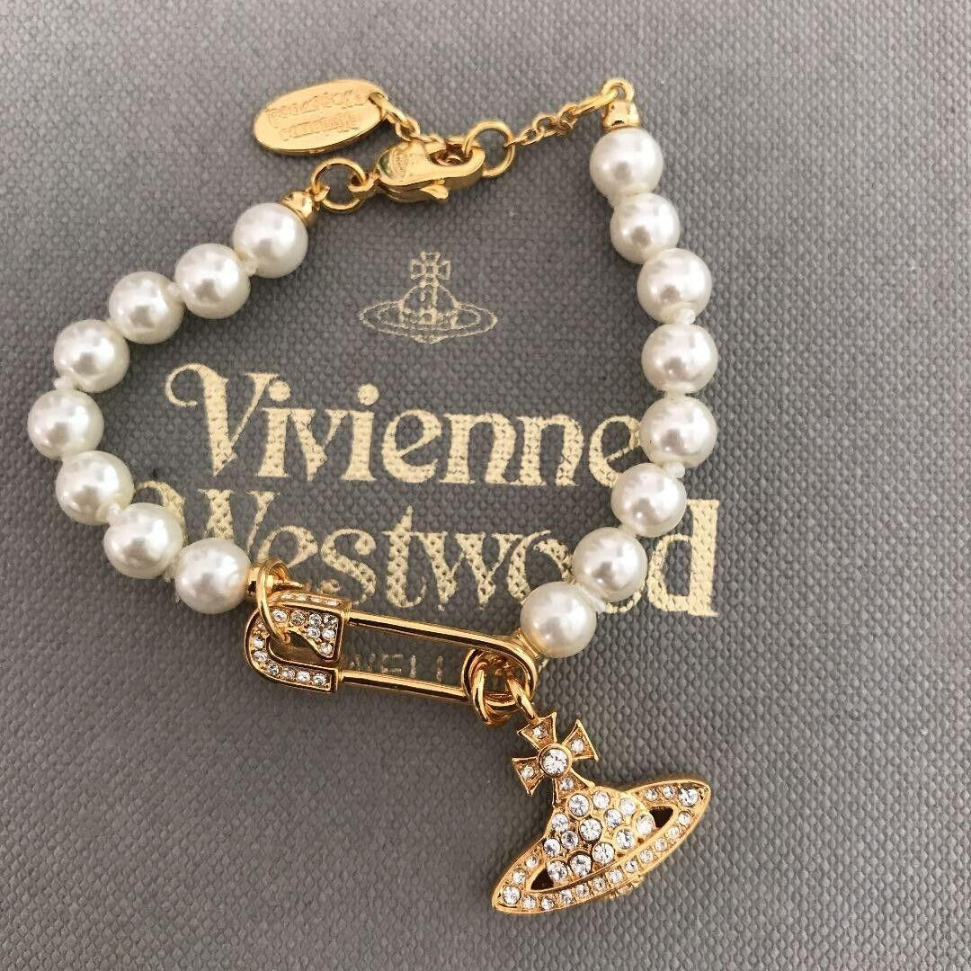 Vivienne Westwood Orb Bracelet White 1 Row Fake Pearl Gold Clip