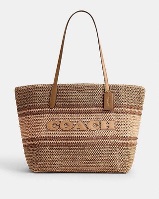 NWT COACH Straw and smooth leather City Tote Bag CBG87 Im/Honey