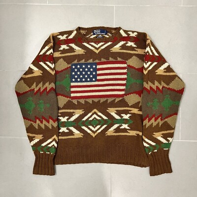 Vintage Ralph Lauren Polo Aztec USA Flag Sweater M Cotton Linen