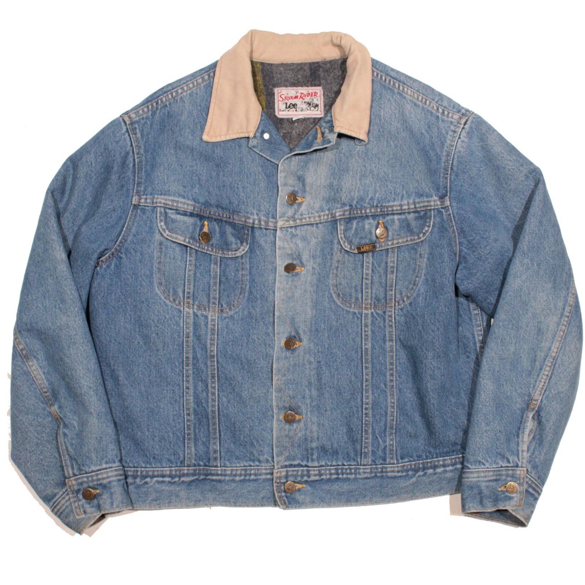 Vintage LEE Storm Rider Denim Jacket size 44 Blue Blanket Lined