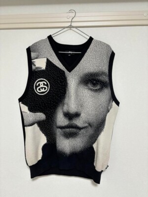 STUSSY Photo Jacquard Knit Vest logo size L color Black White