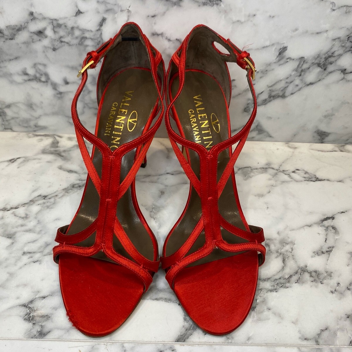 VALENTINO Garavani Vintage Red Satin T-Strap Open Toe Pumps - IT