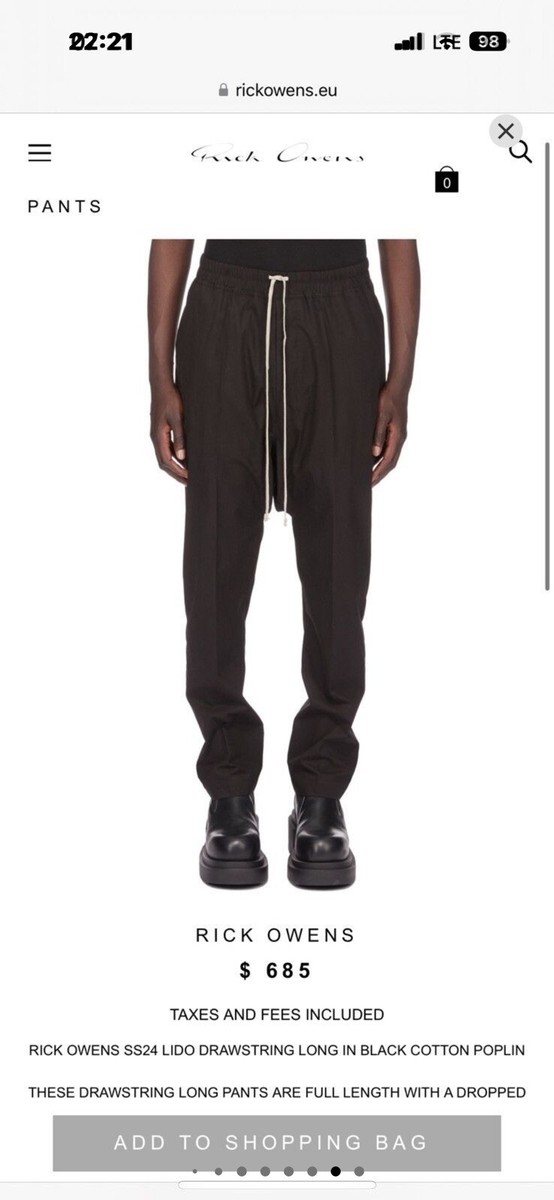 SIZE 46 RICK OWENS LIGHTWEIGHT DRAWSTRING COTTON PANTS / SS24 LIDO