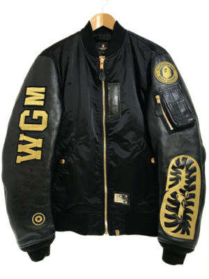 15Aw A Bathing APE Black Leather Ma-1 Gold Xl Bape Military Jacket