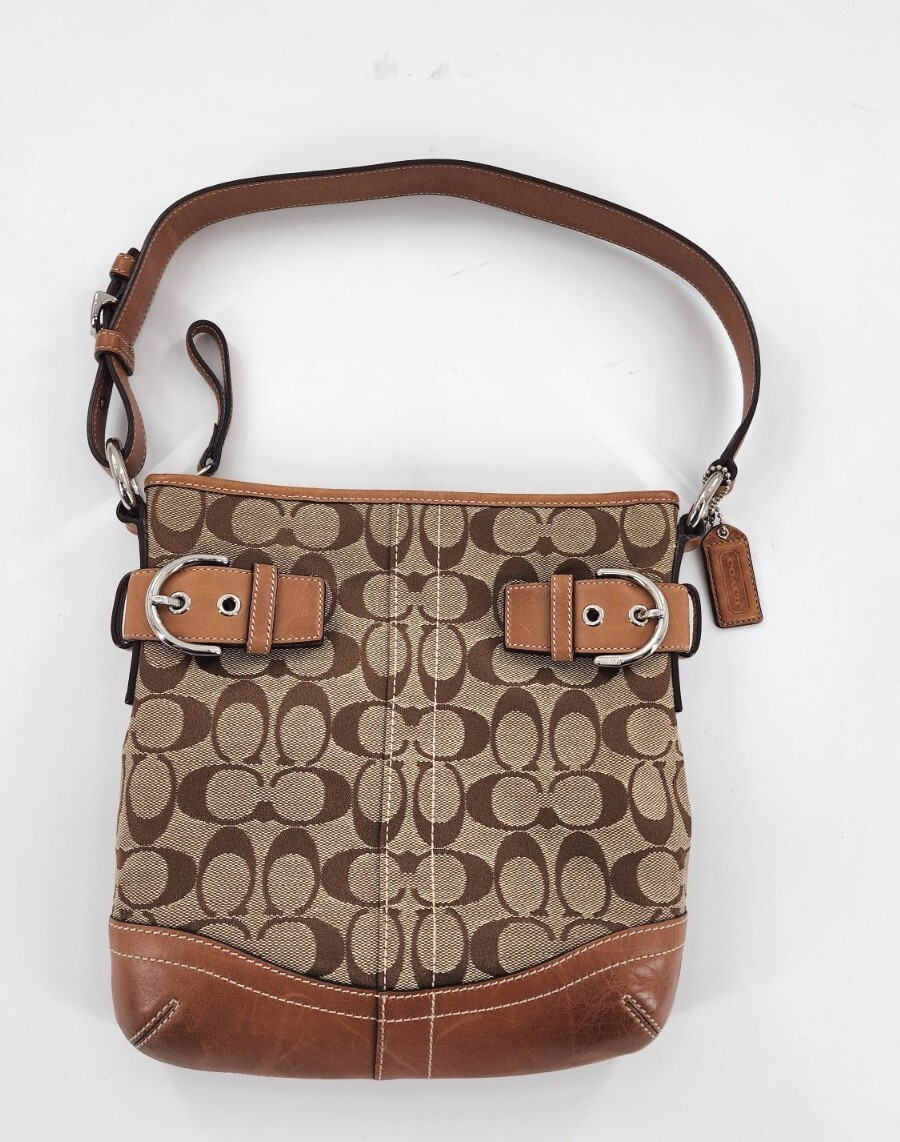 Coach Signature Khaki Brown Leather Trim Adjustable Shoulder Bag