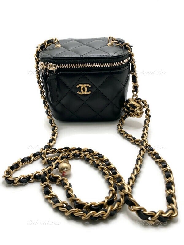 Authentic CHANEL Black Lambskin Pearl Crush Mini Vanity Case Bag