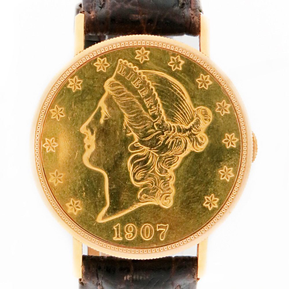 Eska $20 Twenty Dollar Mechanical 18K Gold Coin Flip Watch 35mm