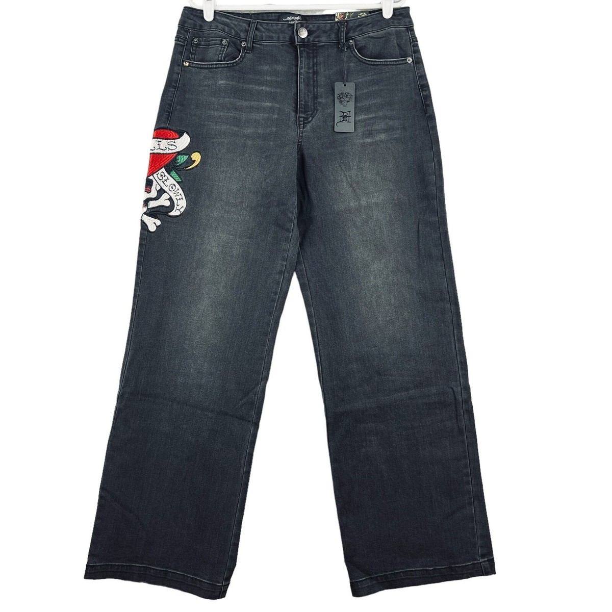 NWT ED HARDY Women's Love Kills Slowly Black Denim Jeans 32 Wide