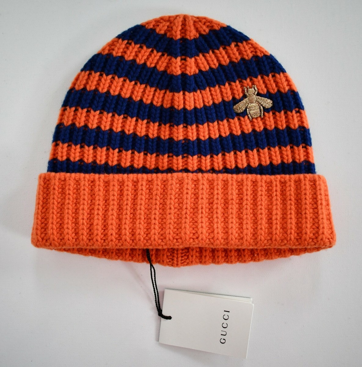 🆕️ Auth GUCCI Gold BEE-EMBROIDERED Orange Blue 100% WOOL BEANIE