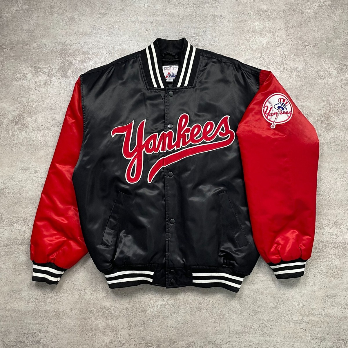 RARE VTG 00s MLB NEW YORK YANKEES MAJESTIC SATIN BOMBER JACKET M