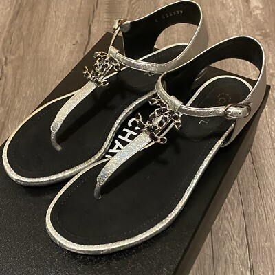 Auth. Chanel silver/black iridescent CC thong sandal EU36.5 US6 | eBay