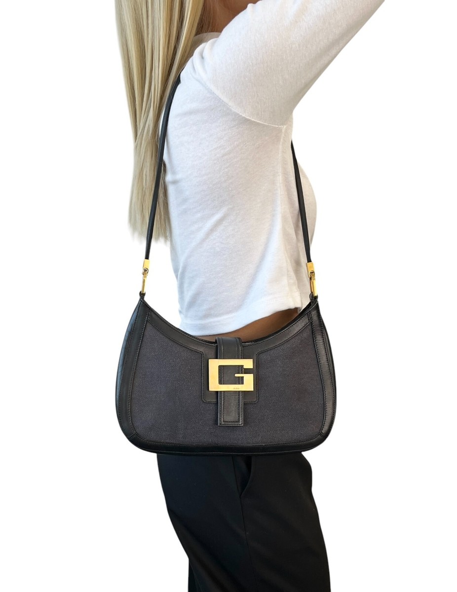 GUCCI Vintage G Square Logo Shoulder Bag Magnet Black Gold Cotton