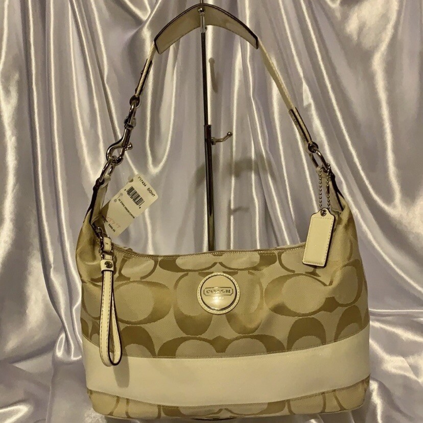 COACH F17434 KHAKI WHITE SIGNATURE STRIPE HOBO BAG | eBay