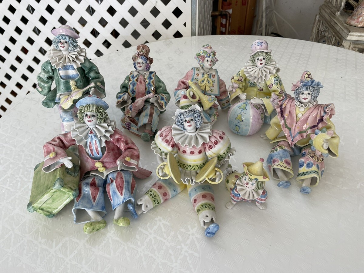 8 Ceramic Clown Figurines Made in Italy for Gump's San Francisco