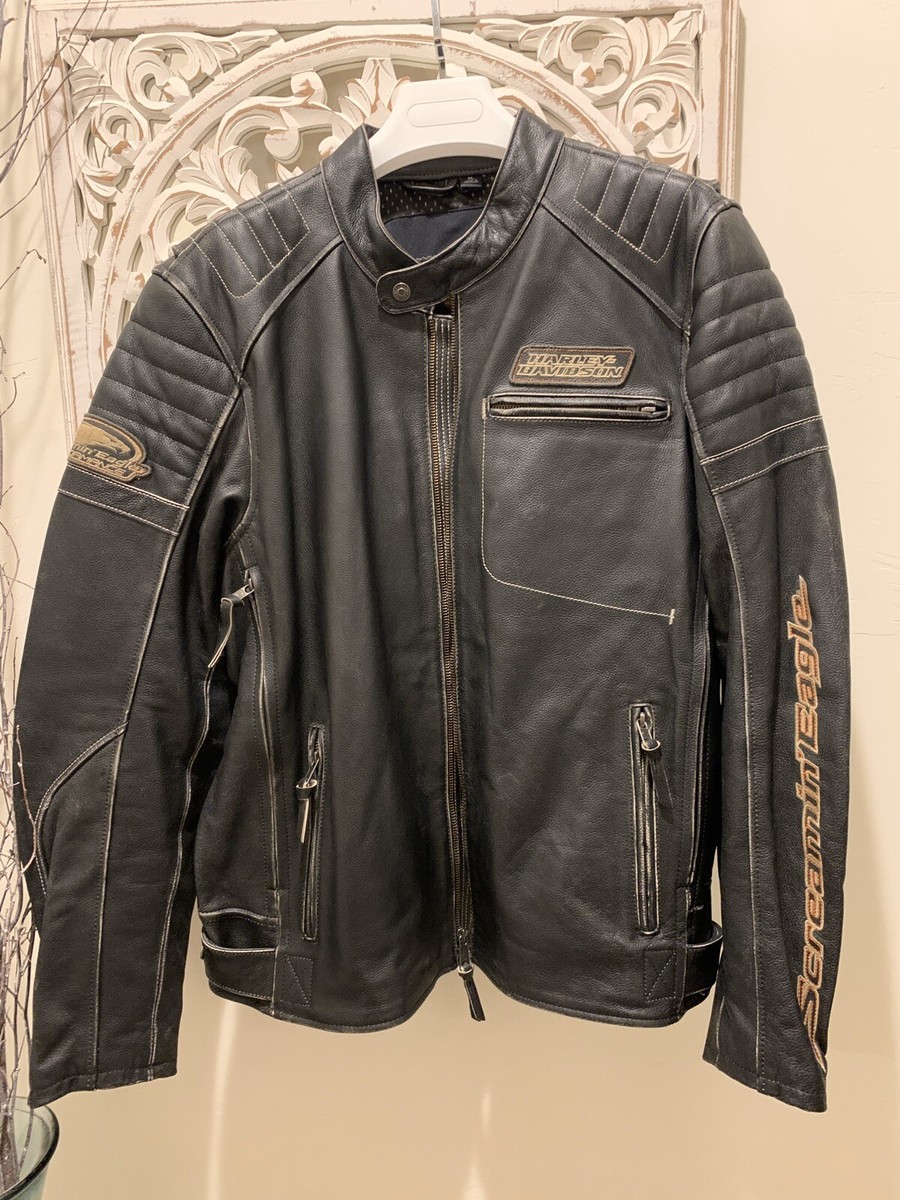 Harley Davidson Men Screamin Eagle Distress Black Leather Jacket