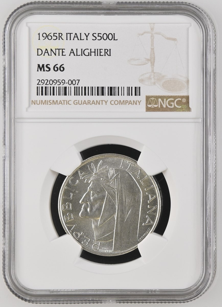 1965 ITALY SILVER 500 LIRE S500L DANTE ALIGHIERI NGC MS 66 ONLY 1