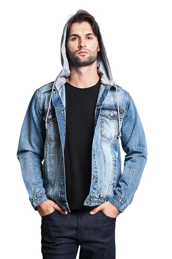Victorious Men's Distressed with Removable Hoody Wash Denim Jacket