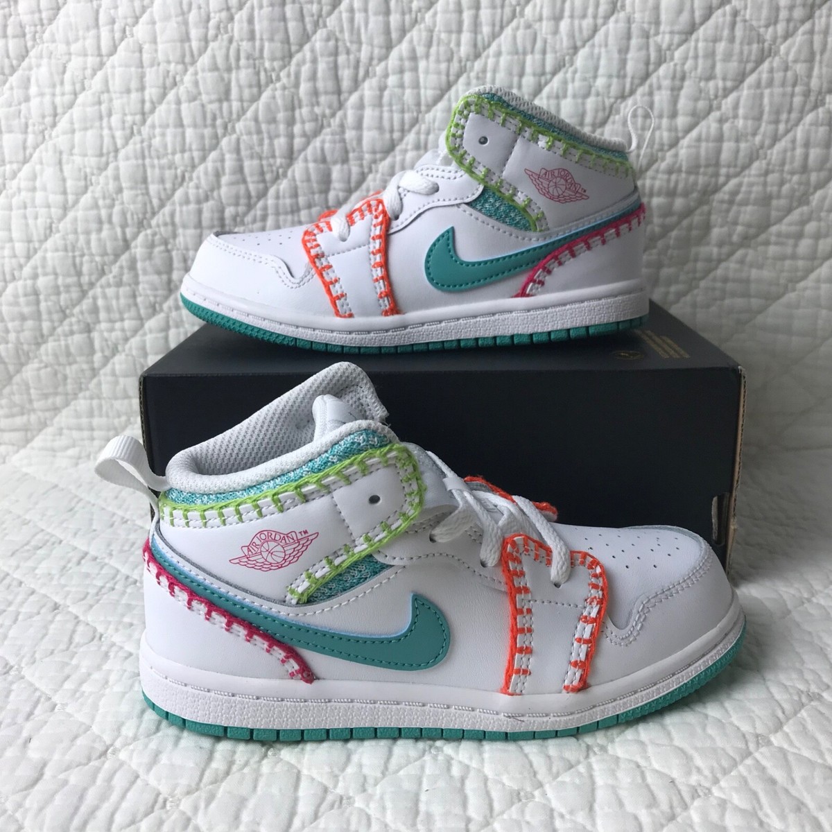 Nike Air Jordan 1 Mid SE (TD) Shoes Toddler SZ 7C White/Teal/Pink