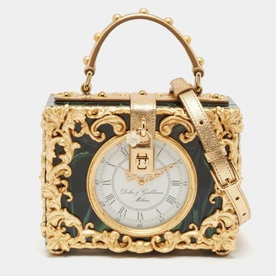 Dolce Gabbana GoldGreen Acrylic and Leather Orologio Barocco Dolce