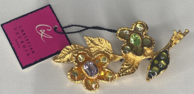 Christian LaCroix Vintage Brooch Gold Toned Enamel double flower