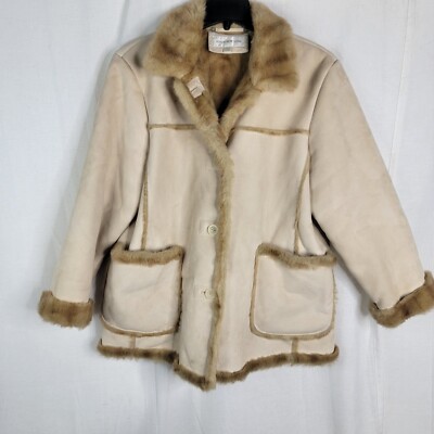 Vintage Jones New York Womens XL Y2k Tan Brown Faux Fur Suede Coat