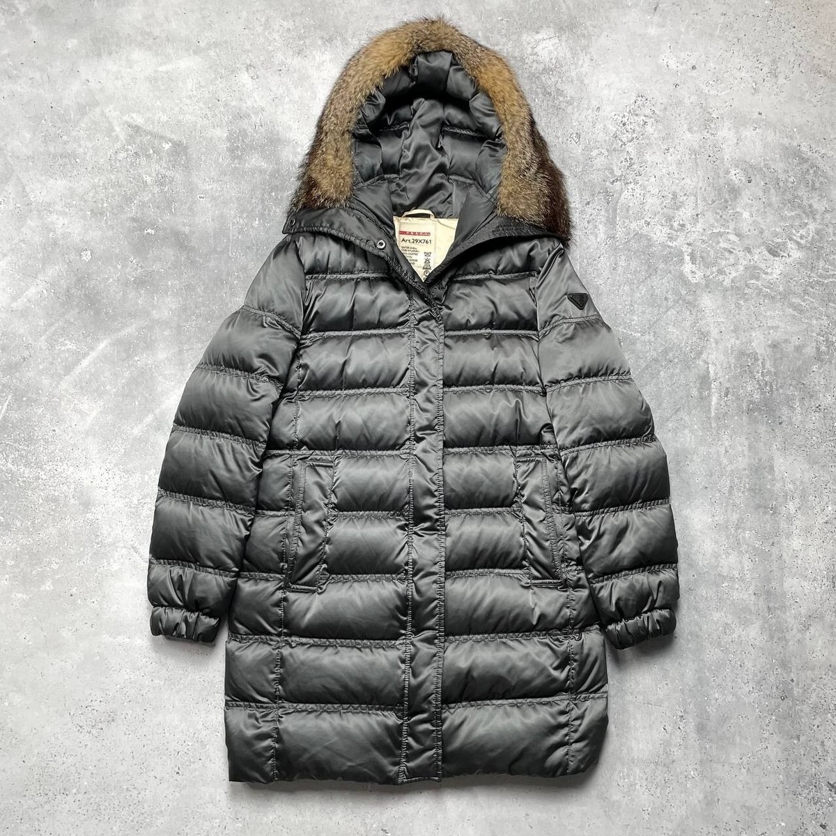 Prada Goose Down Mid-Length Coat Jacket Fox Fur Women's Gray Size