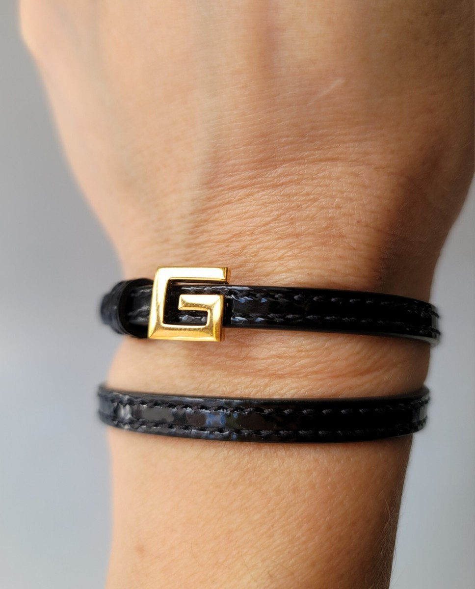 GUCCI Black Patent Leather Bracelet Double Wrap Gold Square G