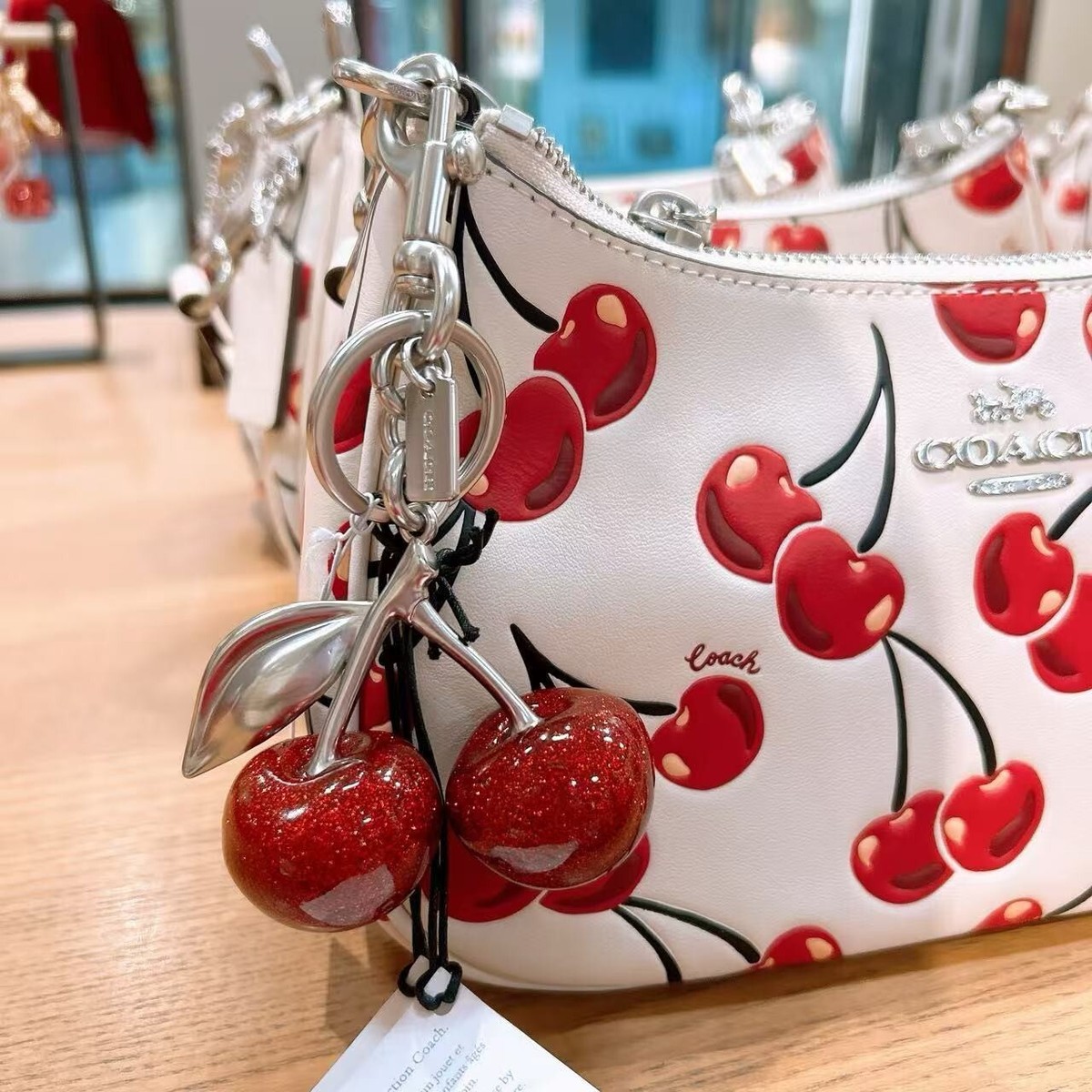 NWT Coach Cherry Bag Charm/keychain (No bag) Color: Silver/ Red