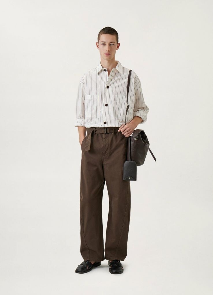 Lemaire L52414 Mens White Brown Beige Striped Poplin Pyjama Shirt