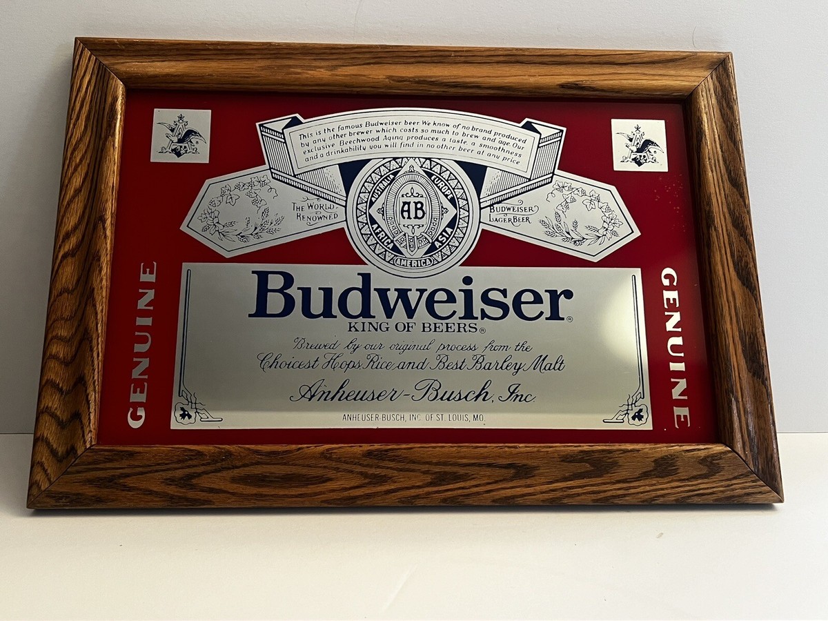 VINTAGE BUDWEISER BEER ANHEUSER BUSCH MIRRORED OAK WOOD FRAME BAR