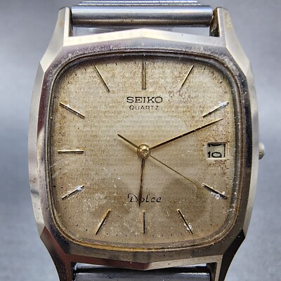 Seiko Dolce Watch Men 29mm Champagne Dial Gold Date Rectangle 9522
