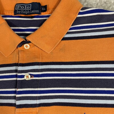 Vintage Ralph Lauren Polo Shirt Mens XL Striped Orange Blue Pony
