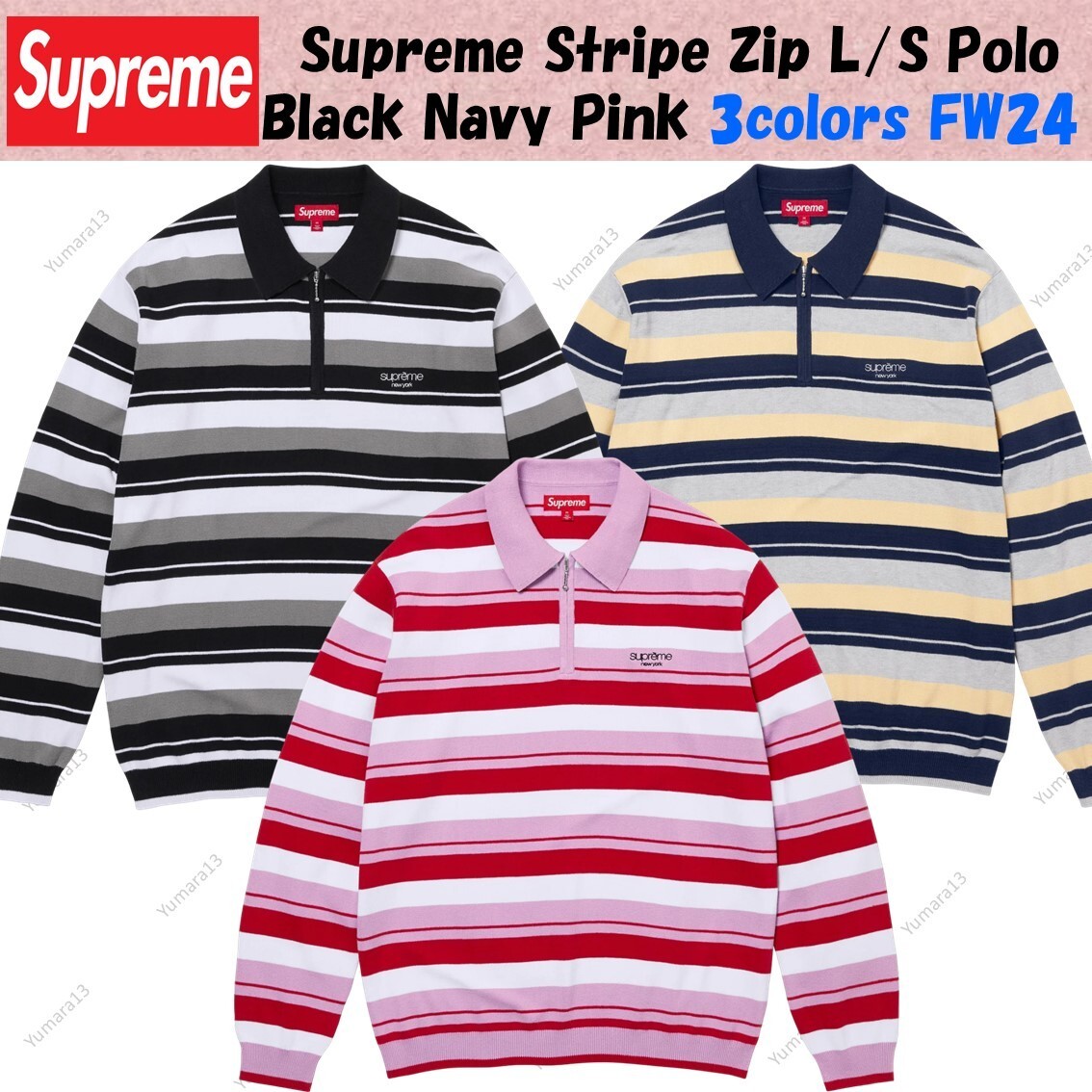 Supreme Stripe Zip L/S Polo Black Navy Pink 3colors FW24 | eBay