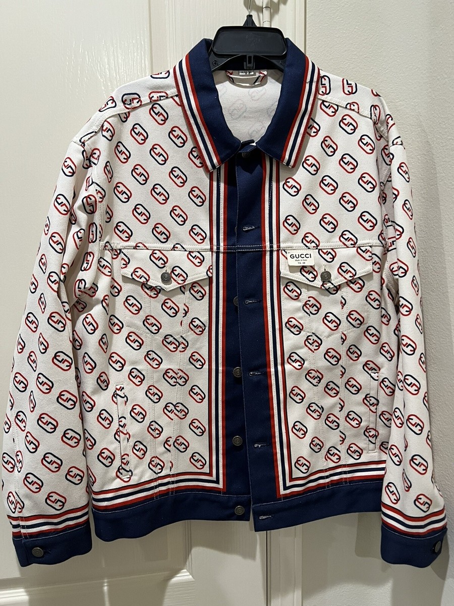 Gucci Monogram Denim GG Printed Twill Jacket Ivory White Blue Red