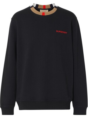 BURBERRY JARRAD BLACK COTTON ICON STRIPE COLLAR RED LOGO SWEATER