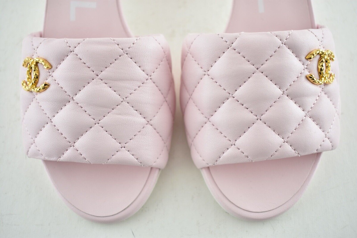 Chanel 22P Light Pink Lambskin Quilted CC Logo Cone Heel Mule
