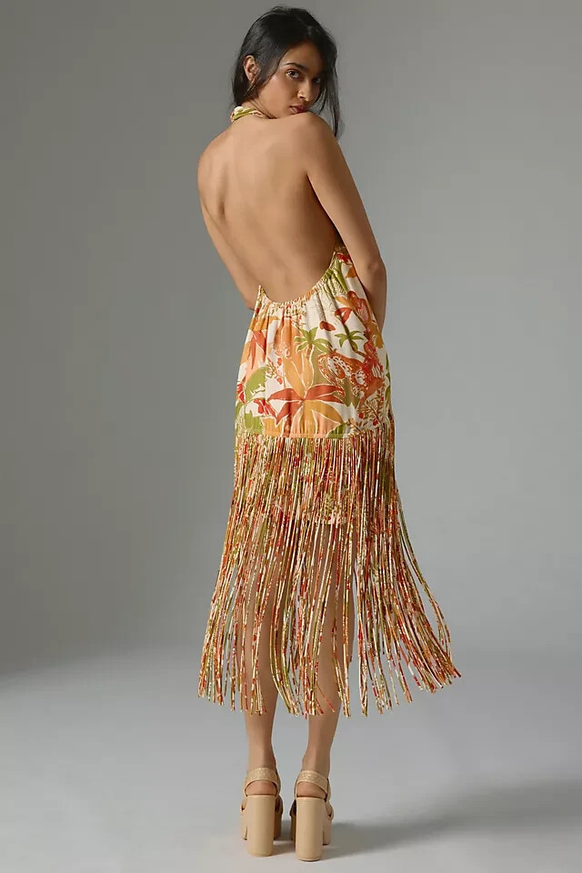 Farm Rio Halter Fringe Dress Anthropologie Coverup Leopard Forest