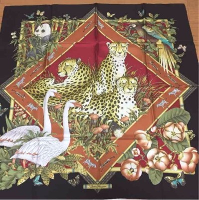 SALVATORE FERRAGAMO Scarf Stole Leopard Swan Panda Animal Floral