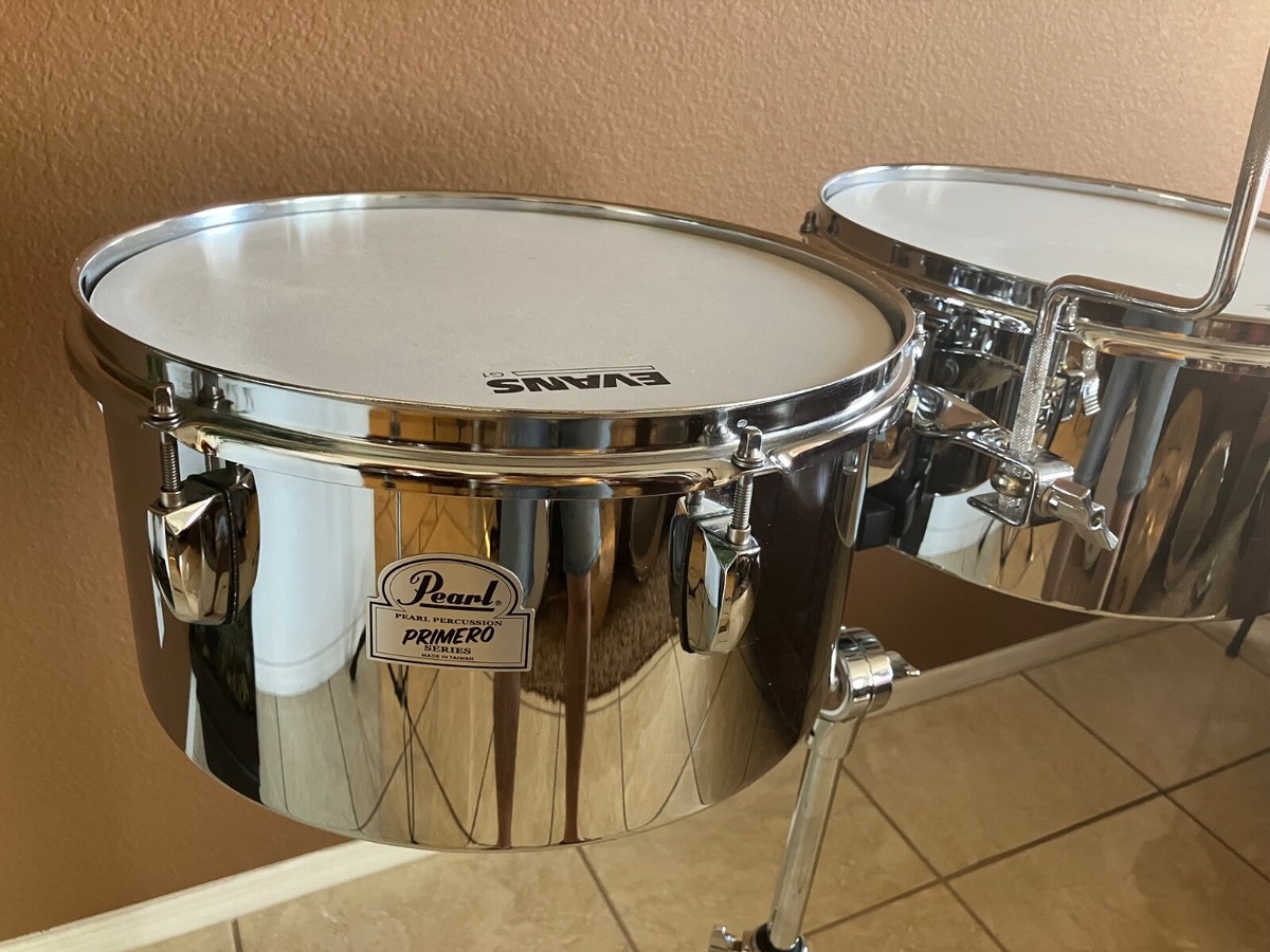Pearl Primero Steel Timbales 13 and 14 with stand and LP cowbell