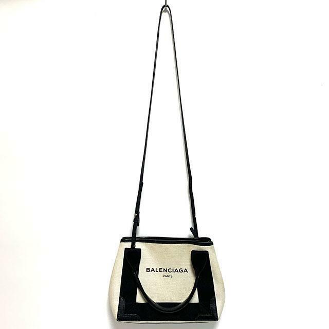 BALENCIAGA CABAS XS Navy White Tote Bag Linen Cotton Calfskin